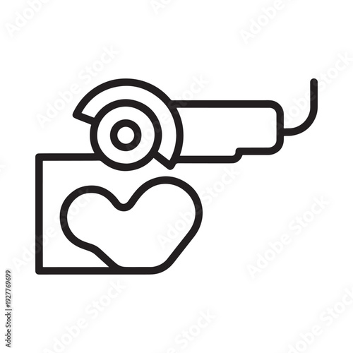 A simple black and white line drawing depicts a handheld angle grinder cutting into a rectangular object