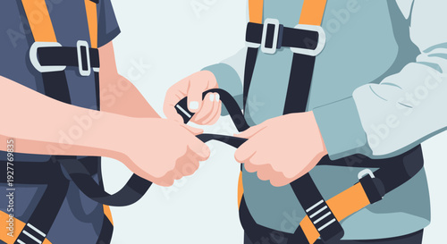 two people adjusting safety harness straps hand drawn flat style for climbing or work safety