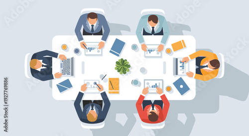 team of business people working on laptops and tablets at office meeting table top view vector illustration
