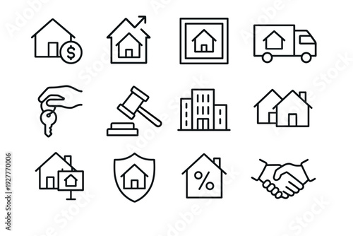 set of real estate and housing icons in hand drawn outline style including home price, growth, auction, keys, buildings and handshake