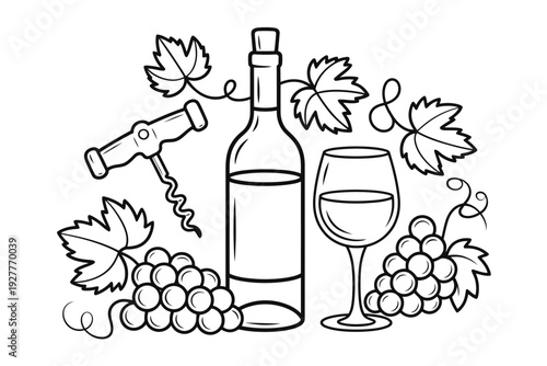 A wine bottle illustration with a glass and grapes in a black line art style