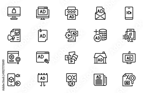 Advertising and Marketing Line Icon Set for Digital Campaign, Market Strategy, Promotion and Brand Communication Outline Vector Collection
