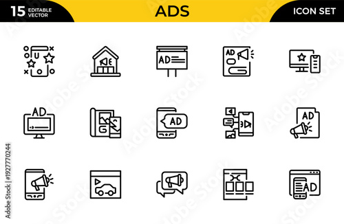 Advertising and Marketing Line Icon Set for Digital Campaign, Market Strategy, Promotion and Brand Communication Outline Vector Collection