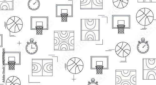 Seamless line pattern with basketball elements, hoops, balls, and stopwatches.