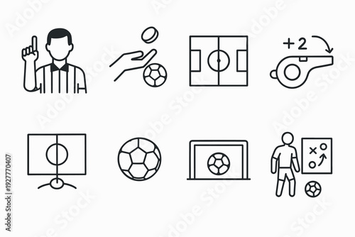 hand drawn soccer referee whistle player strategy balls field icons set