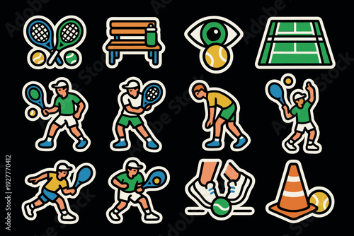 tennis players and equipment hand drawn icons set in colorful outline style for sports and recreation
