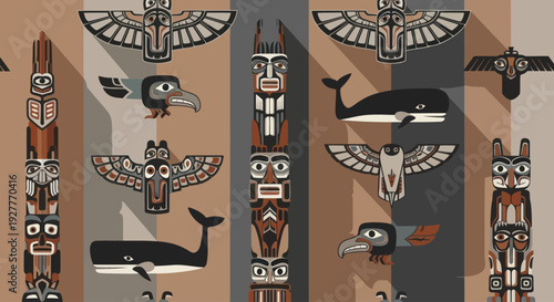 Colorful pattern of totem poles and native animals in flat design style