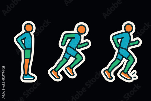three hand drawn running person icons showing motion progression in simple colorful style