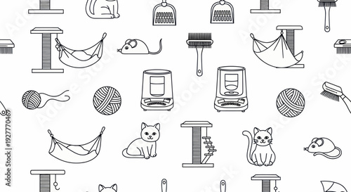 Seamless pattern of cat toys and furniture.