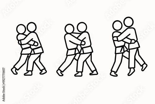 three pairs of people practicing judo grappling techniques hand drawn line art icons set