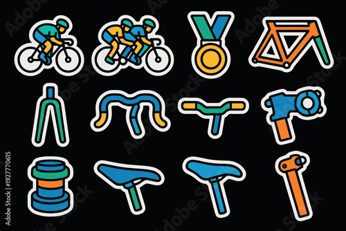 collection of colorful hand drawn cycling icons including cyclists bike parts and medal