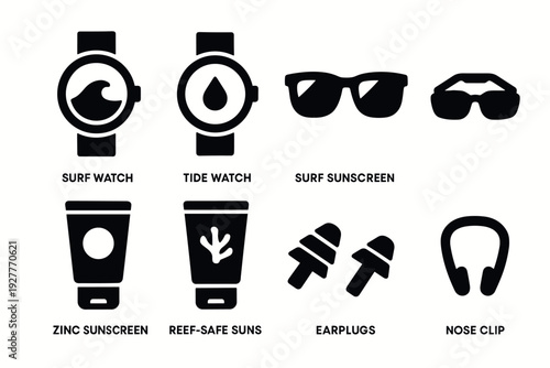black surf and swimming accessories icon set with watches sunscreen earplugs and nose clip