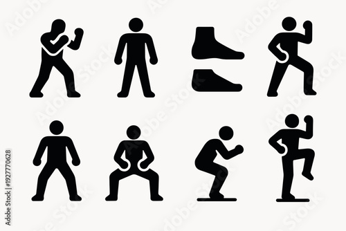 set of black silhouette icons showing different human postures and foot shapes with hand drawn style