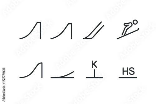 ski jump and ski jumping hill symbols set in hand drawn line art style for winter sports design