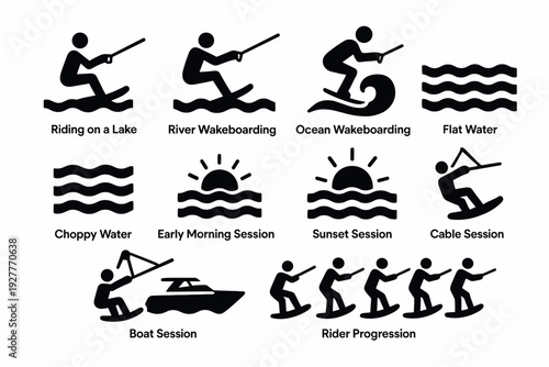 wakeboarding activity icon set hand drawn black silhouettes with water conditions sessions and rider progression