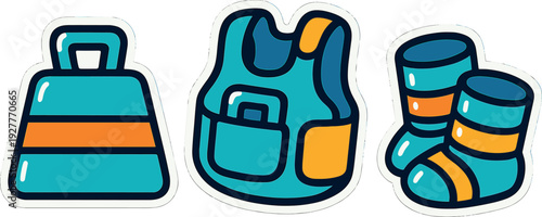 set of weightlifting gear hand drawn icons including kettlebell lifting vest and wrist wraps