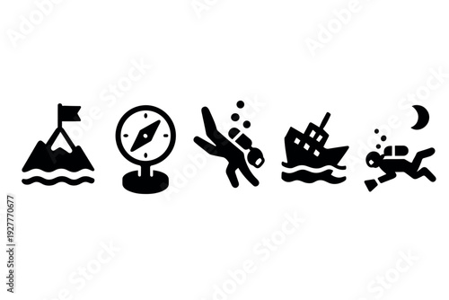 set of hand drawn black silhouette diving and exploration icons with mountain compass ship and night diver