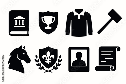 set of eight hand drawn medieval and legal black silhouette icons including book, trophy shield, tunic, hammer, horse head, fleur de lis shield, portrait, and scroll