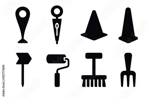 collection of black silhouette gardening and construction tool icons in simple flat style