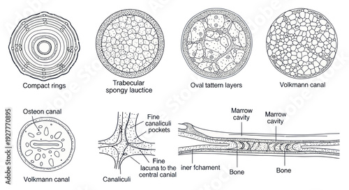Microscopic structure and detailed anatomy of human bone tissue diagram.