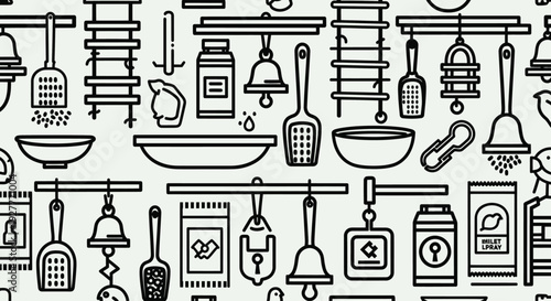 Seamless pattern of pet supplies line icons and accessories