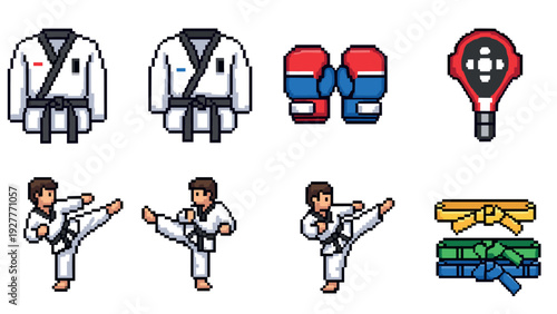 pixel art set of martial arts equipment and karate fighters in hand drawn style