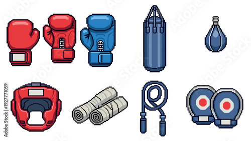 set of pixel art boxing equipment including gloves headgear skip rope punching bags and hand wraps in red and blue colors