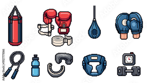 boxing equipment set pixel art style with punching bag gloves headgear jump rope and water bottle