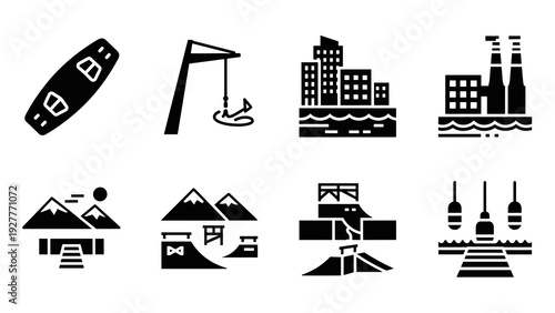 black river and mountain silhouette icons set with urban and industrial landscapes hand drawn