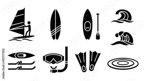 water sports equipment and activities icons set in black silhouette style for surfing snorkeling and kayaking design