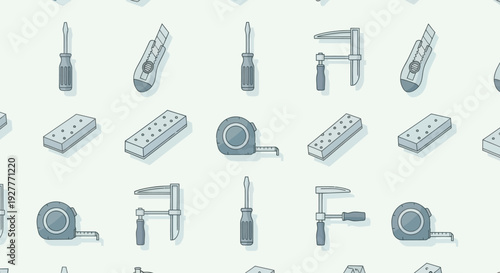 Seamless pattern of workshop tools including screwdrivers, clamps, and measuring tapes.