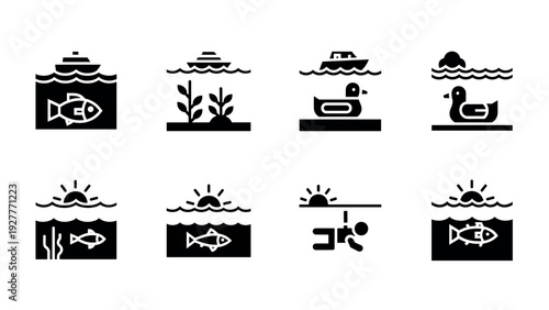 set of hand drawn aquatic nature and wildlife icons in black silhouette style