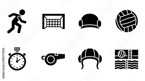 water polo icon set in black silhouette style including player ball goal helmet whistle stopwatch and pool design elements