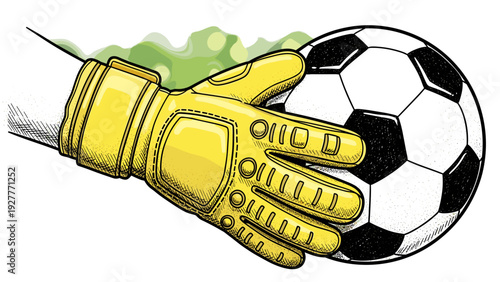 soccer goalkeeper hand wearing yellow glove catching ball hand drawn illustration football sport