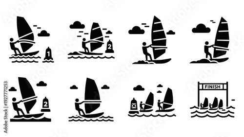set of hand drawn windsurfing icons with people on boards in simple black silhouette style for water sports and competition design