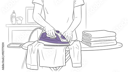 person using steam iron on clothes hand drawn line art household chores illustration