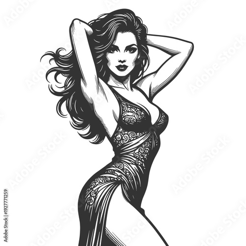 glamorous woman in a detailed ornate evening dress, stylish fashion portrait with flowing hair sketch engraving generative ai fictional character vector illustration. Scratch board. Black and white.