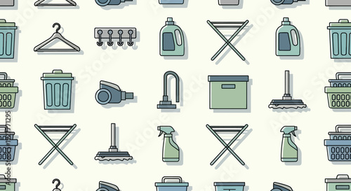 Seamless pattern of cleaning and household items in pastel colors.