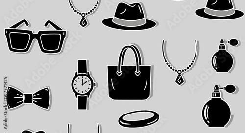 Seamless pattern of black and white fashion accessories on gray background.
