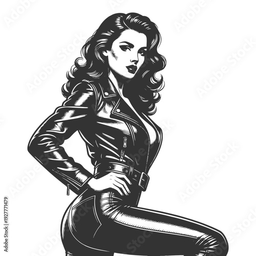 confident stylish woman in leather jacket and tight pants, vintage biker fashion portrait sketch engraving generative ai fictional character vector illustration. Scratch board. Black and white image.