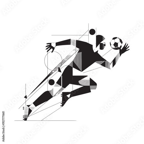 Abstract illustration of a soccer player in dynamic motion composed of geometric shapes