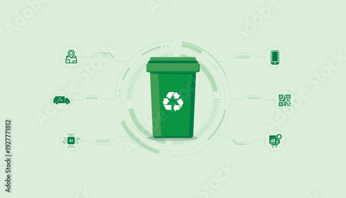 Smart waste management system concept featuring recycling bin with digital tracking icons, data analytics, logistics and environmental monitoring for sustainable city solutions.