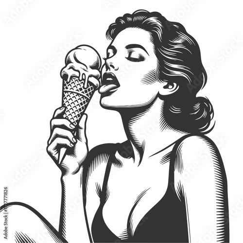 glamorous retro woman licking an ice cream cone, playful summer portrait with pinup style sketch engraving generative ai fictional character vector illustration. Scratch board. Black and white image.