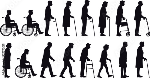 Elderly people silhouettes collection with wheelchair, cane and walker, senior men and women mobility concept, aging and healthcare illustration isolated on white background
