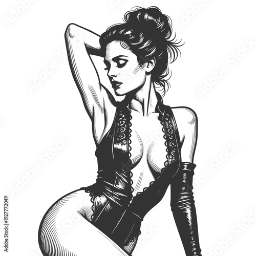 confident woman in lace bodysuit long gloves, stylish glamour portrait with vintage pinup vibe sketch engraving generative ai fictional character vector illustration. Scratch board. Black and white