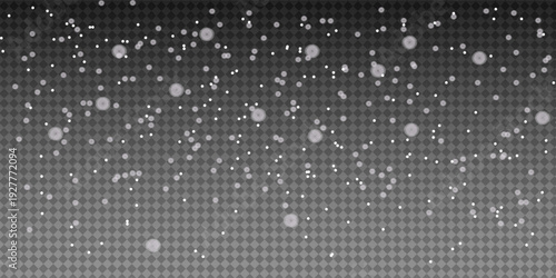 Snow effect with snowflake overlay and soft winter fall background. Transparent background for holiday design or white sparkle vector scenes. Snow overlay effects. Heavy snowfall with frosty particles
