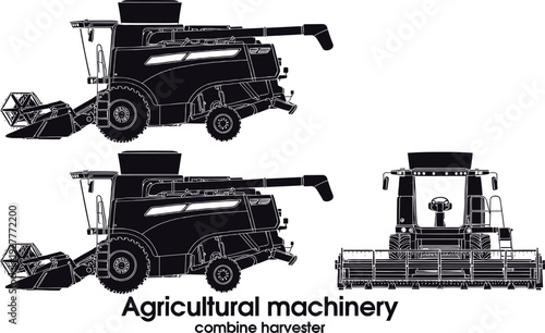Combine harvester agricultural machinery illustration, detailed farm equipment silhouette set with side and front views, modern farming technology concept isolated on white background