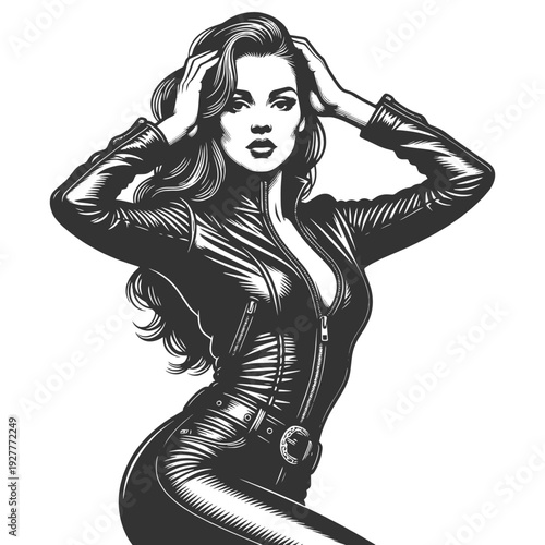 confident stylish woman in fitted leather jacket, glamour fashion portrait with bold attitude sketch engraving generative ai fictional character vector illustration. Scratch board. Black and white.