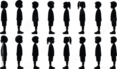 Children silhouettes set in side view, boys and girls standing profiles collection, diverse kids outline illustration isolated on white background, childhood concept graphic
