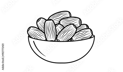 A bowl filled with almonds on a, simple line drawing of nuts in a bowl